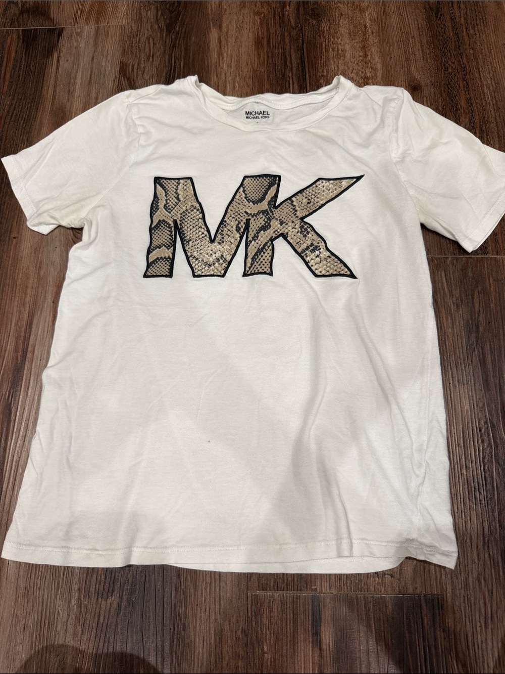 Michael Kors White Tee with Snake-Print MK Logo - Picture 1 of 2